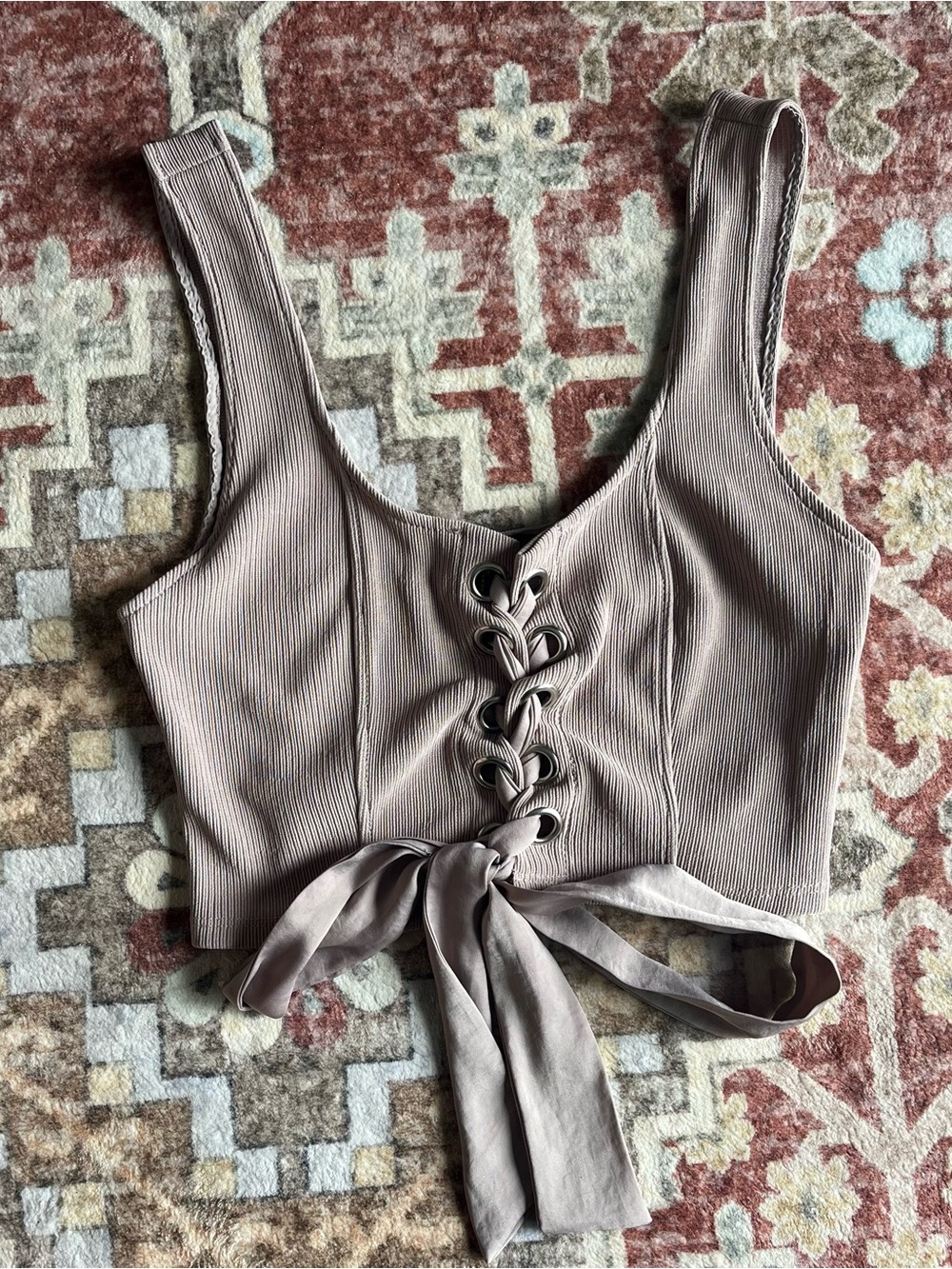 Forever 21 Mauve Ribbed Lace-Up Crop Top